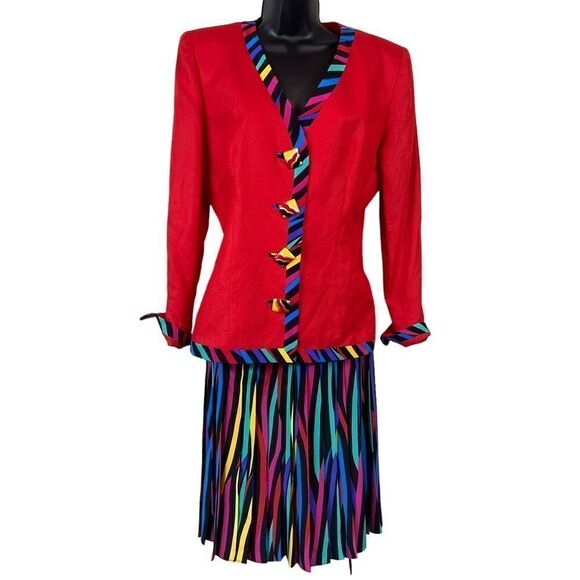 Vintage 80's Ann Lawrence Silk Blend Rainbow Striped Skirt Set - Picture 1 of 16